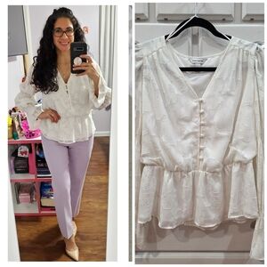 Elizabeth and James Ivory Textured V-Neck Peplum Blouse